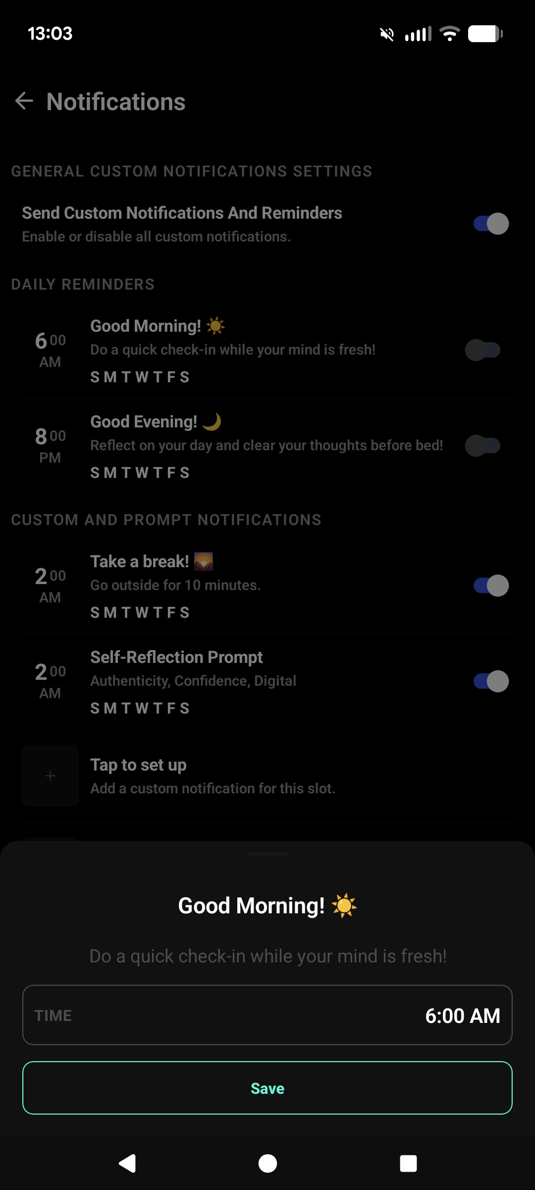 Daily reminders settings in Mindwell