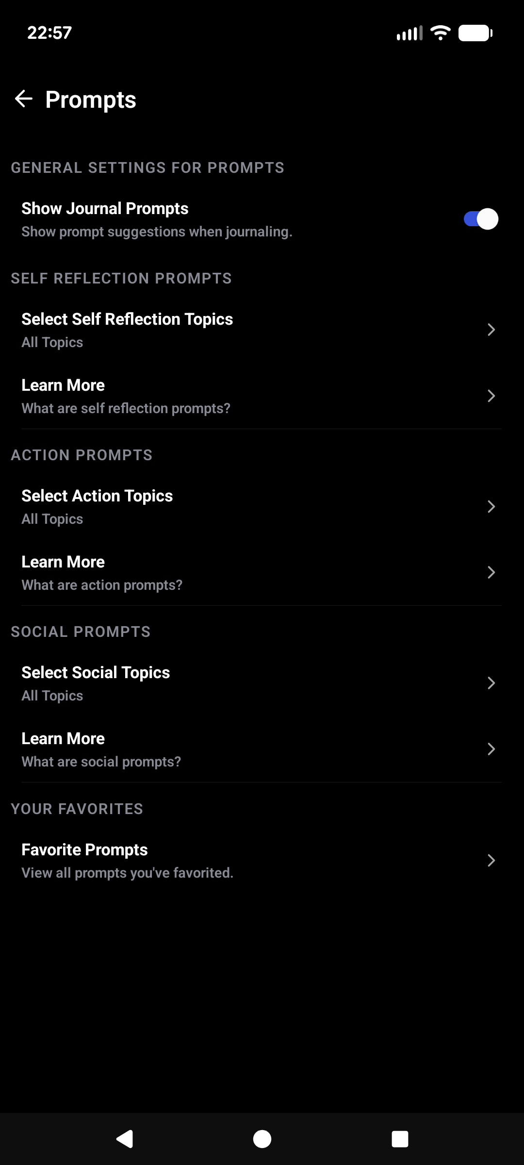 Mindwell prompt settings for self-reflection, action, and social topics