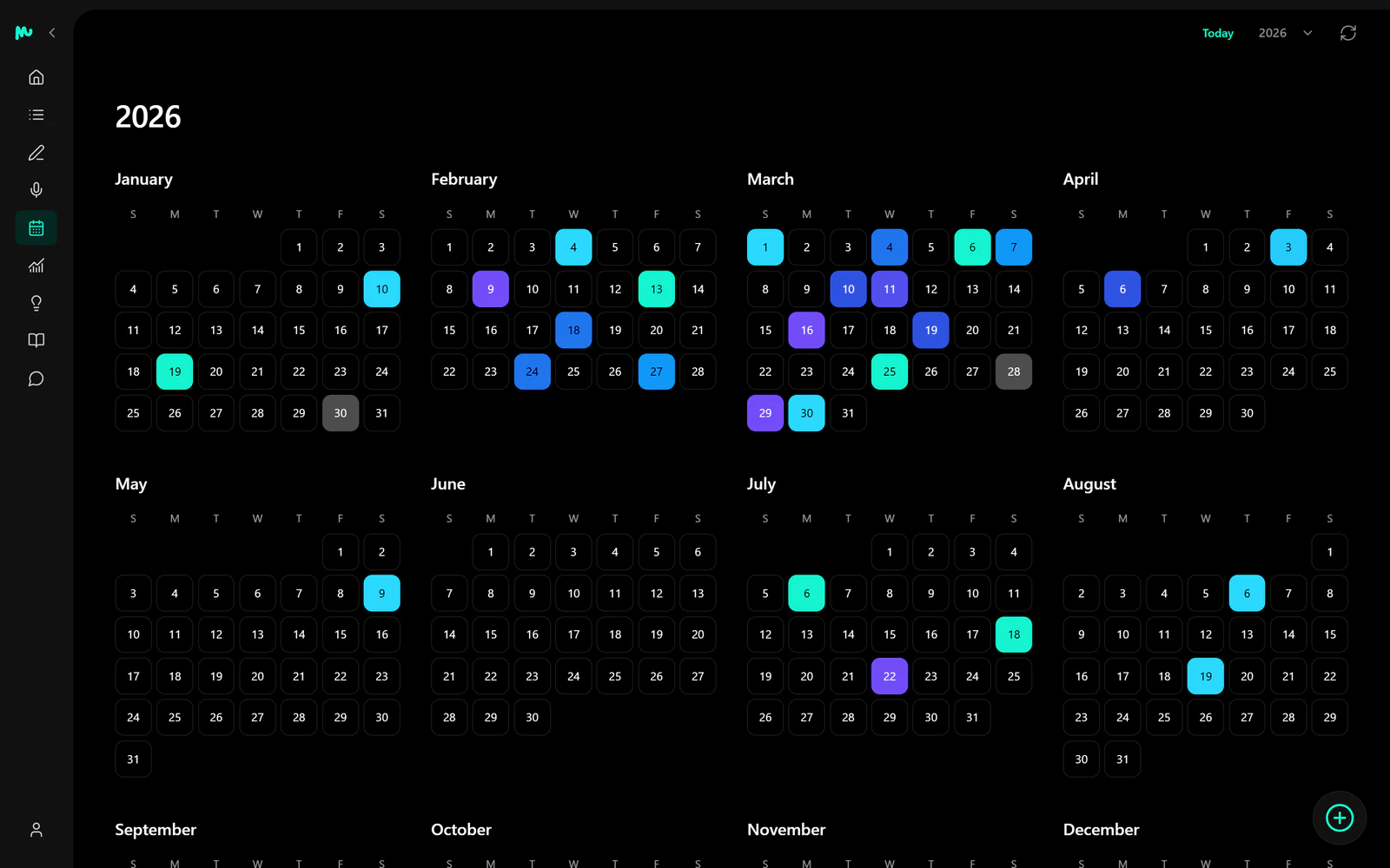 Mindwell Journal Calendar in the Default Dark color theme.