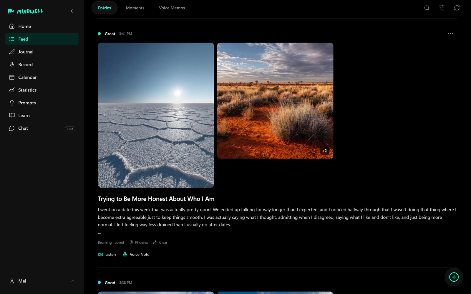 Mindwell Journal Feed showing an entry with landscape photos, a mood, and a voice memo.