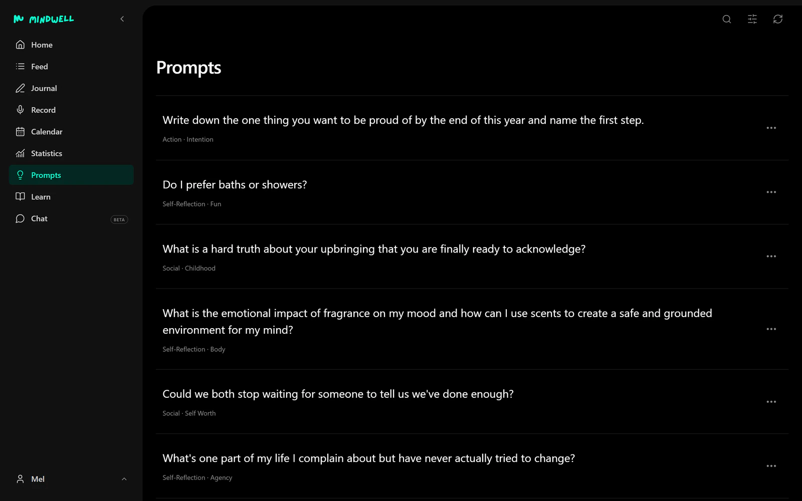 The Mindwell Journal prompt library with questions, topics, and prompt types.